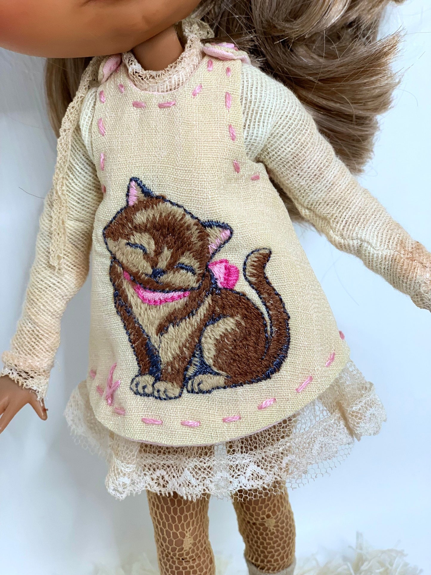 Dress for Blythe Doll 1/6. Doll dress with embroidery. Vintage-style slip.