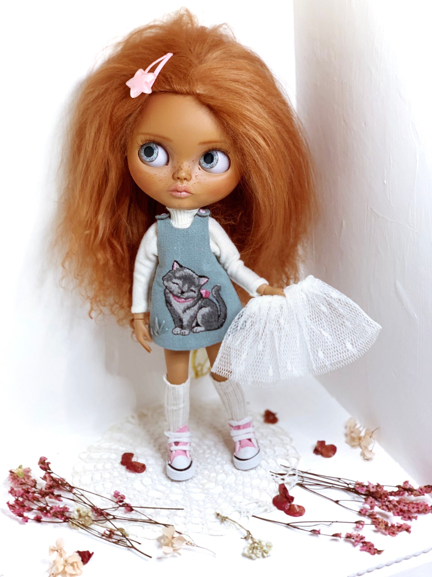 Dress for Blythe Doll 1/6 doll dress with embroidery. Turtleneck sweater, petticoat. Doll clothes.