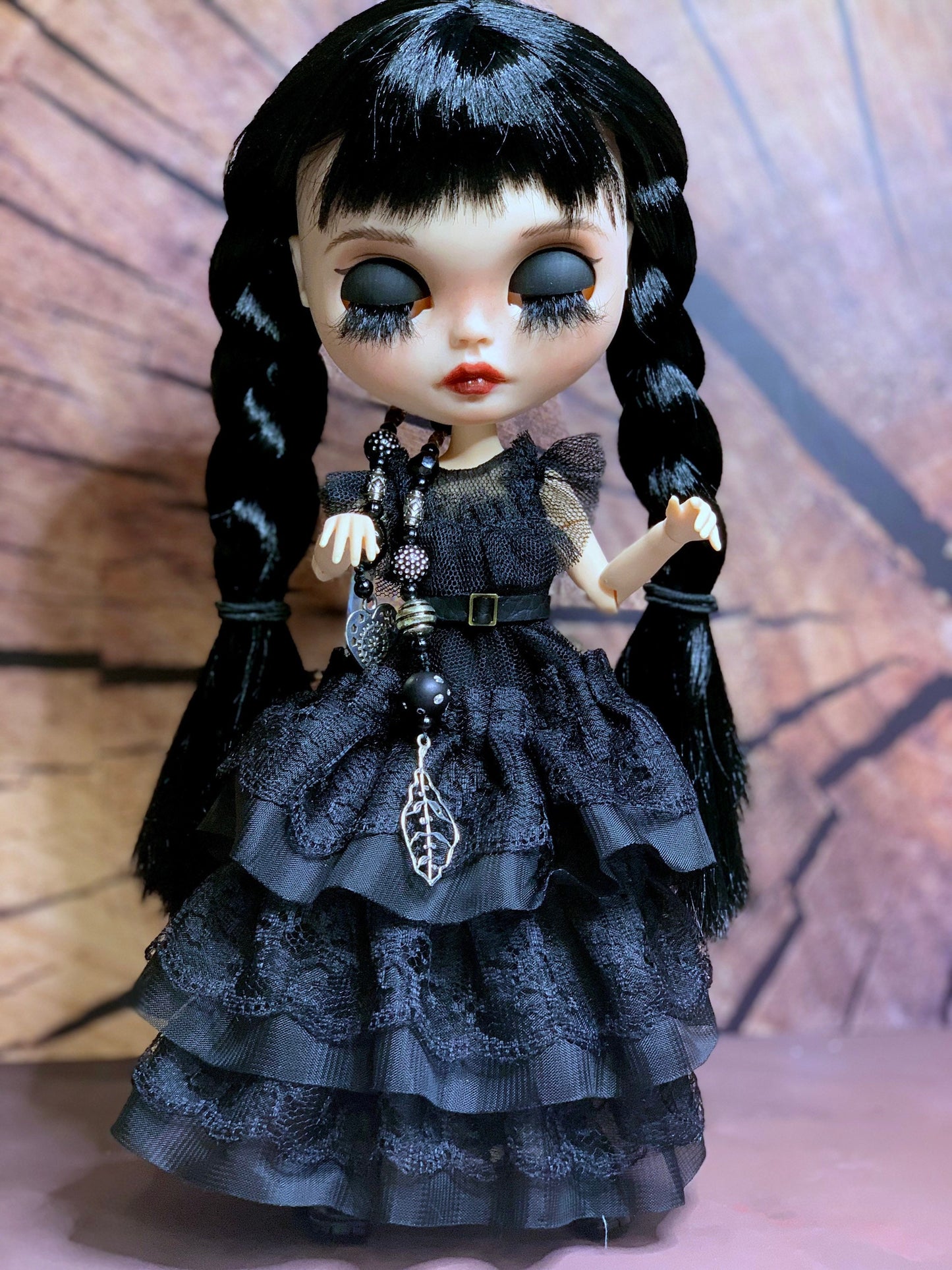 Black Wednesday Ball Gown for Blythe Doll 30 cm Doll Dress. Dress for Wednesday doll with belt