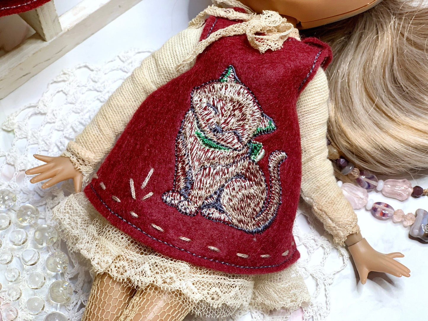 Dress for Blythe Doll 1/6 doll dress with embroidery. Vintage-style underdress. Outfit in burgundy red.