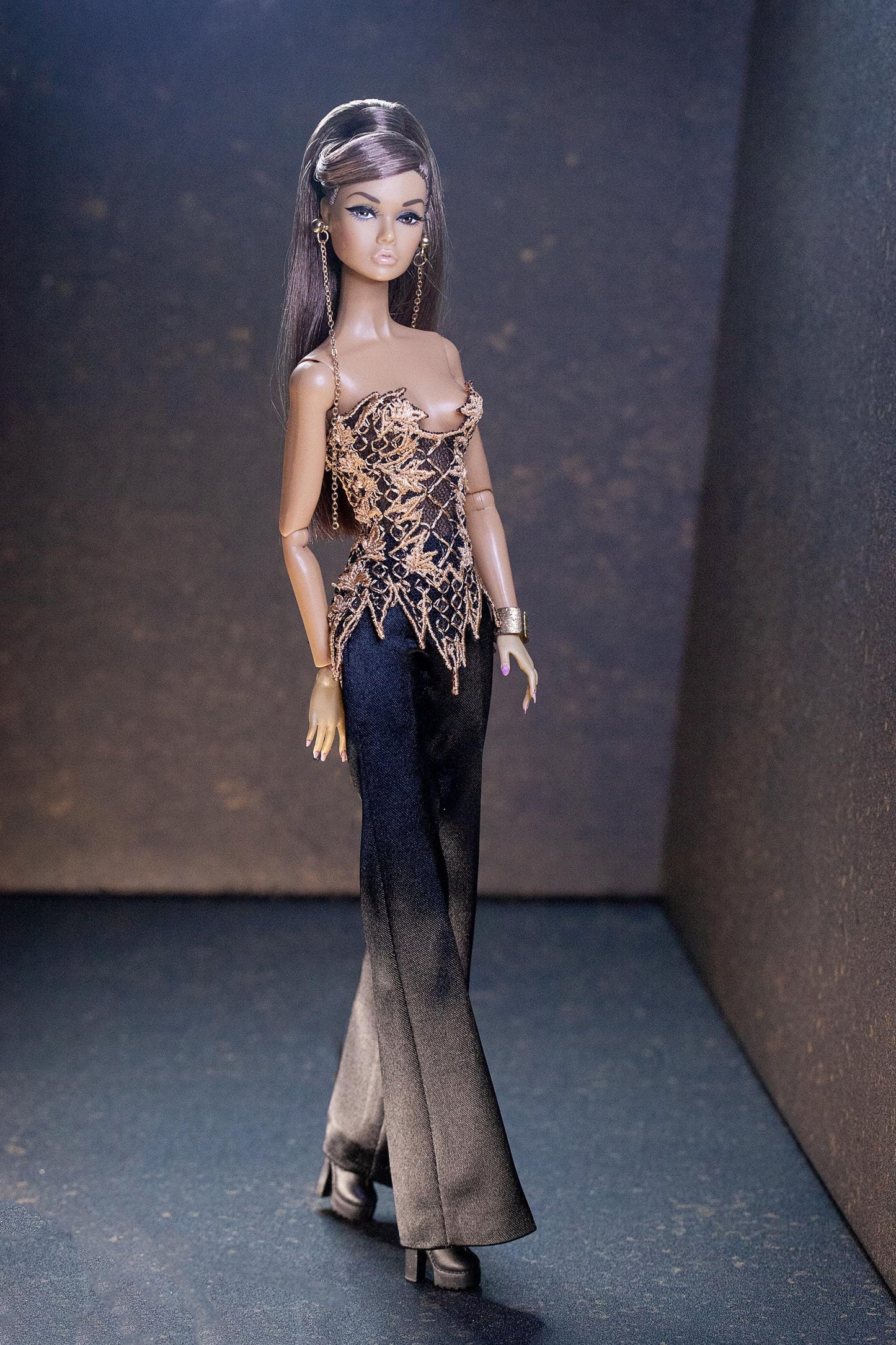 Handmade embroidered corset and flared trousers for Fashion Royalty and Poppy Parker - Integrity Toys dolls