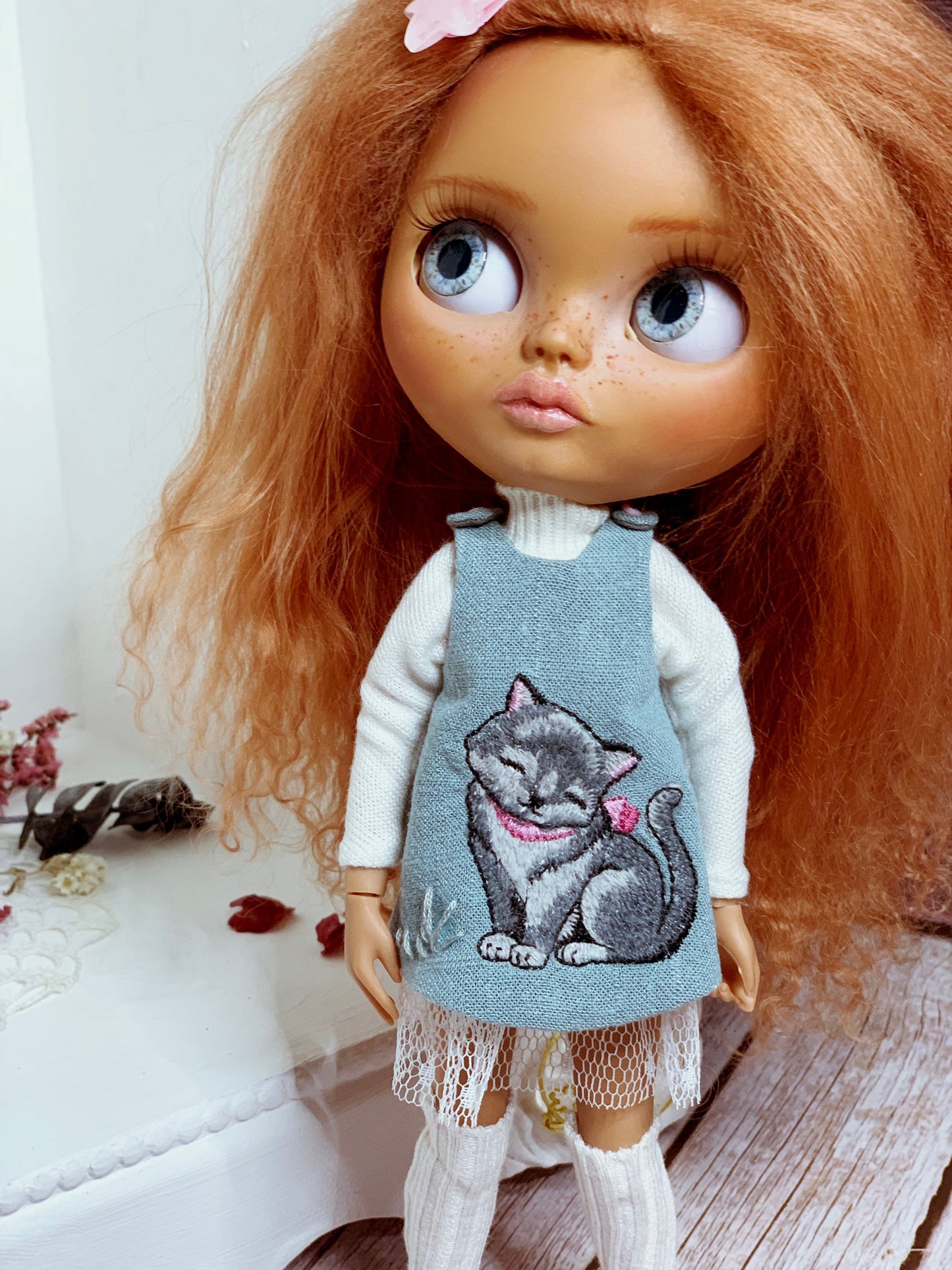 Dress for Blythe Doll 1/6 doll dress with embroidery. Turtleneck sweater, petticoat. Doll clothes.