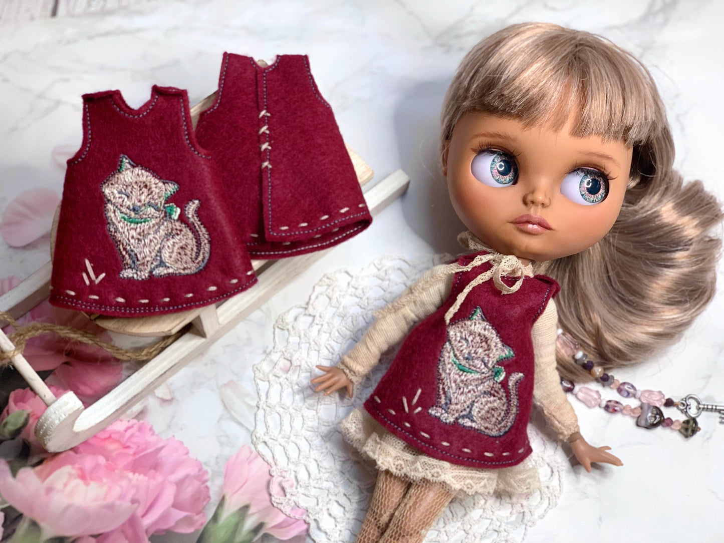 Dress for Blythe Doll 1/6 doll dress with embroidery. Vintage-style underdress. Outfit in burgundy red.