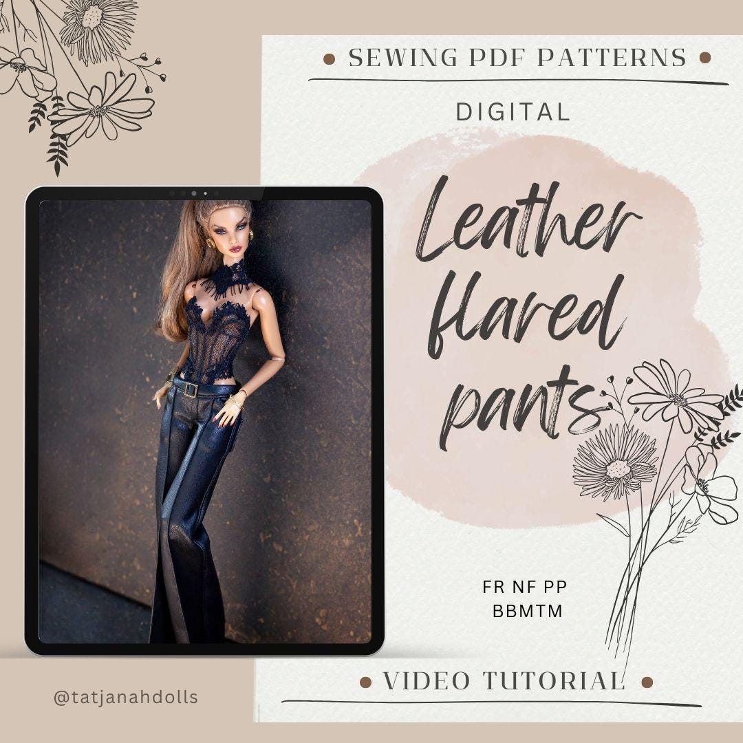 PDF Digital Pattern leather flared pants trousers for BB MTM & Integrity toys 1:6 dolls. Video tutorial