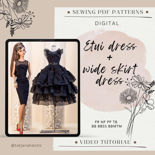 PDF Digital Pattern etui dress and wide skirt dress for BB & Integrity toys dolls. VIDEO tutorial.