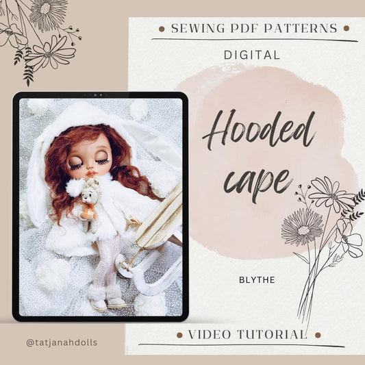 PDF Digital Pattern hooded cape with rabbit ears coat for Blythe dolls. VIDEO tutorial.