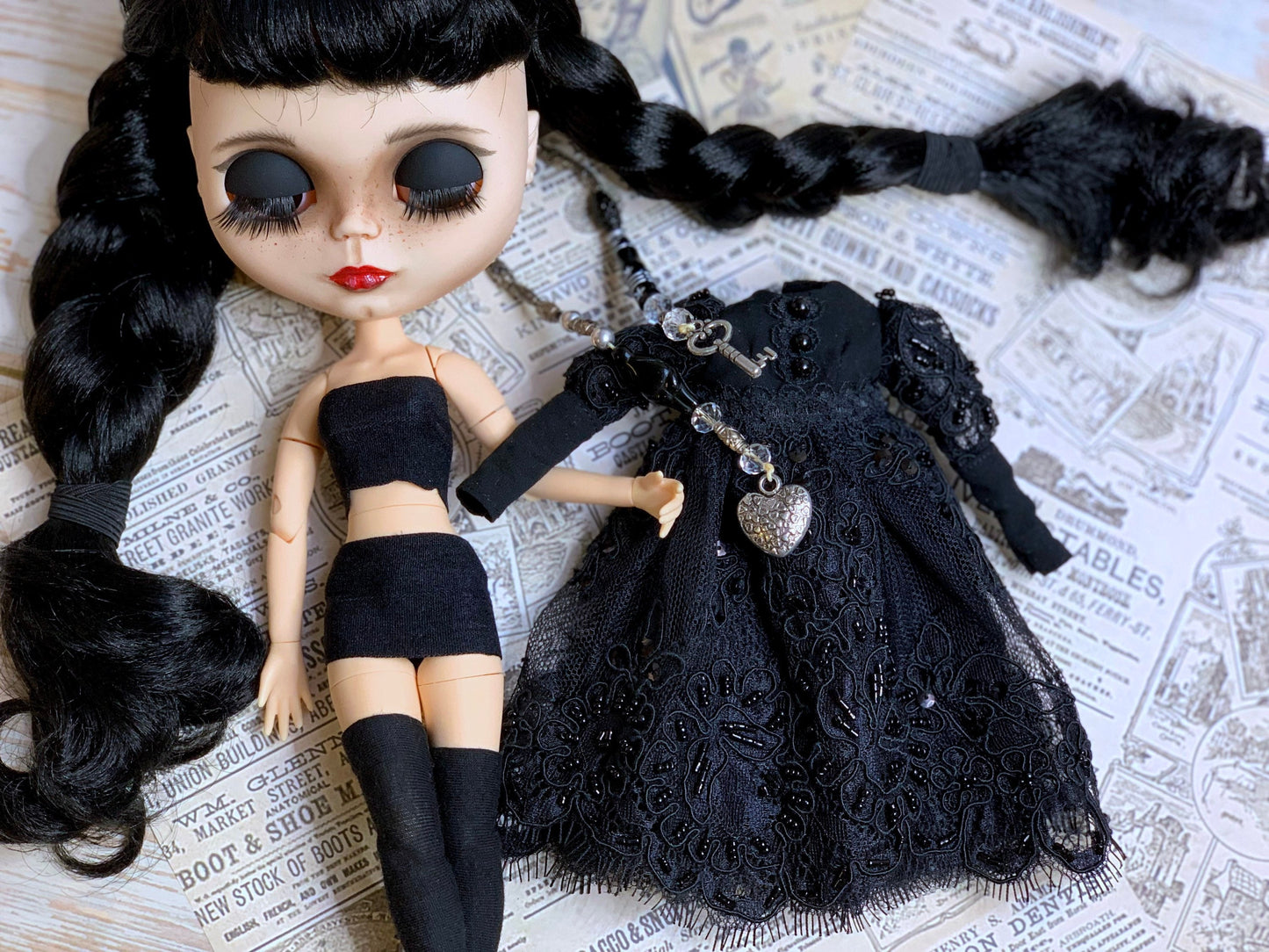 Black ball gown for Blythe Doll. 30 cm doll dress with pearls. Dress for Wednesday doll.