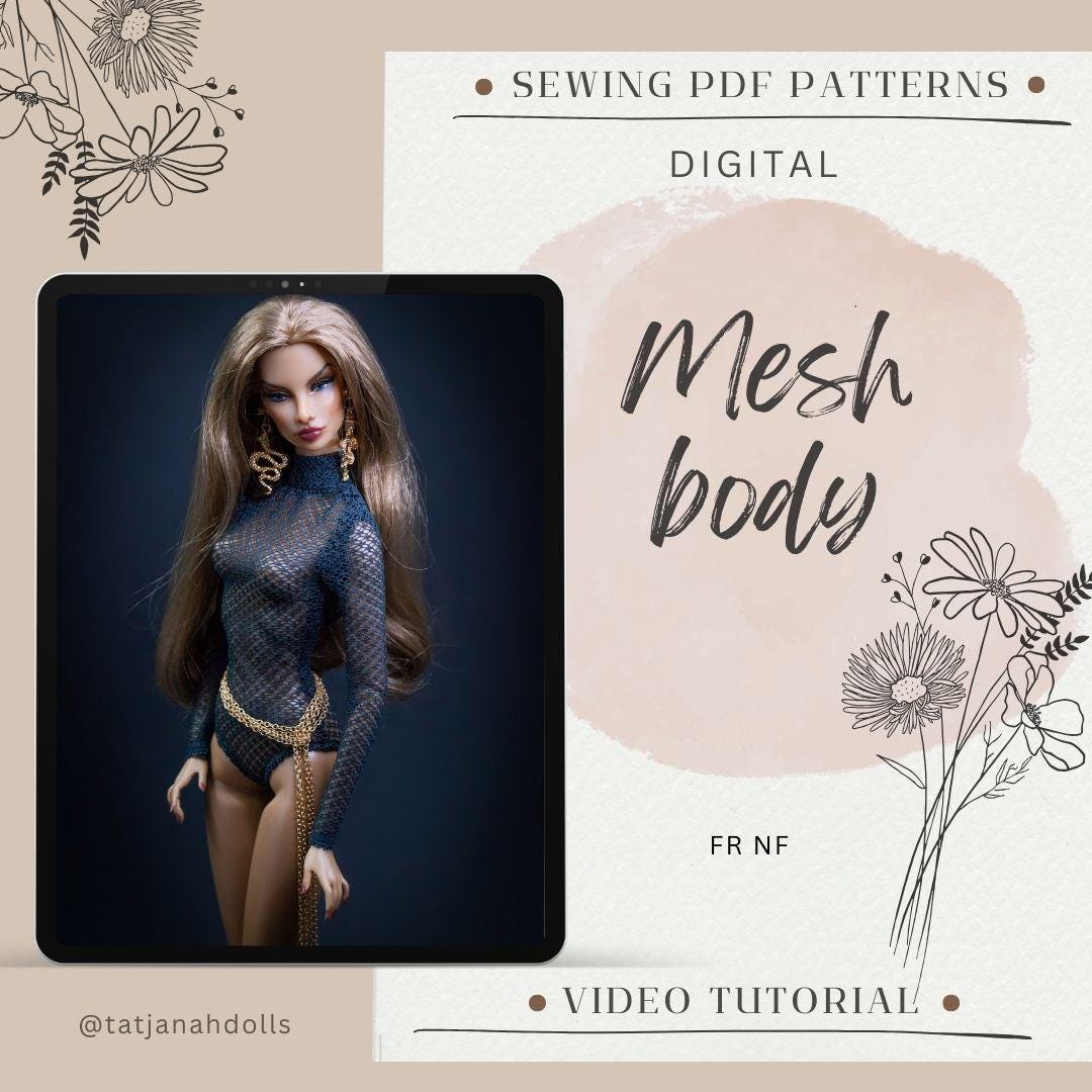 PDF Digital Pattern mesh body for Fashion Royalty doll Integrity toys. Youtube VIDEO tutorial.