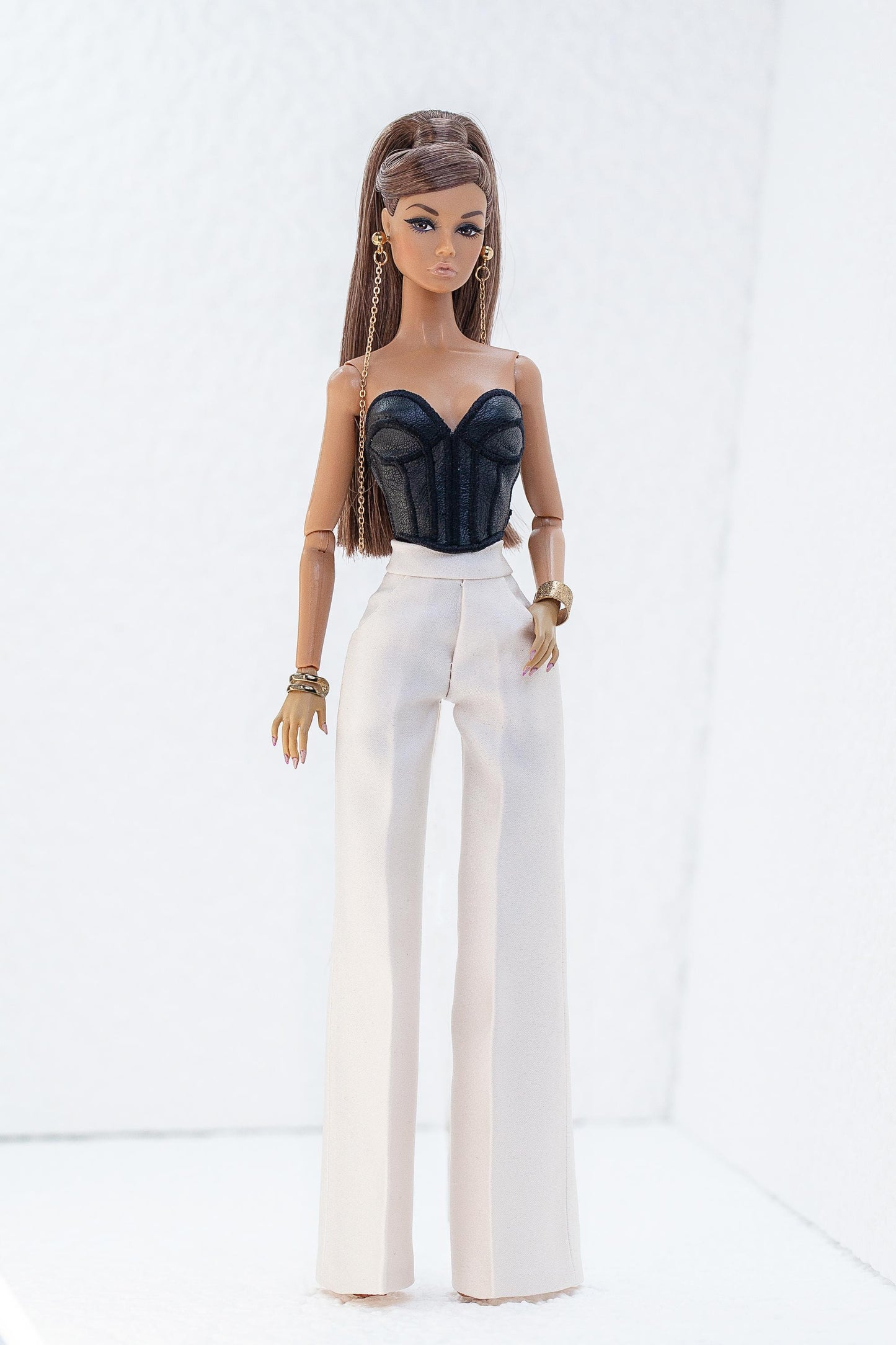 Short leather corset with embroidery and flared trousers for Fashion Royalty, Nu face and Poppy Parker - Integrity Toys dolls