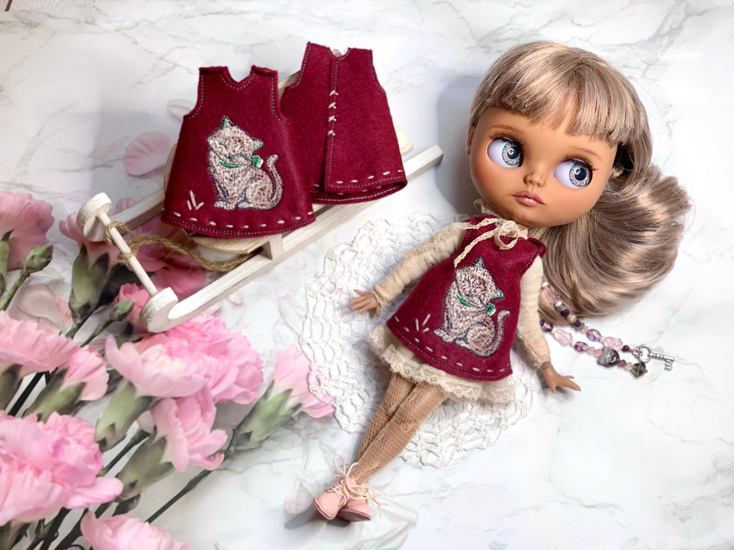 Dress for Blythe Doll 1/6 doll dress with embroidery. Vintage-style underdress. Outfit in burgundy red.