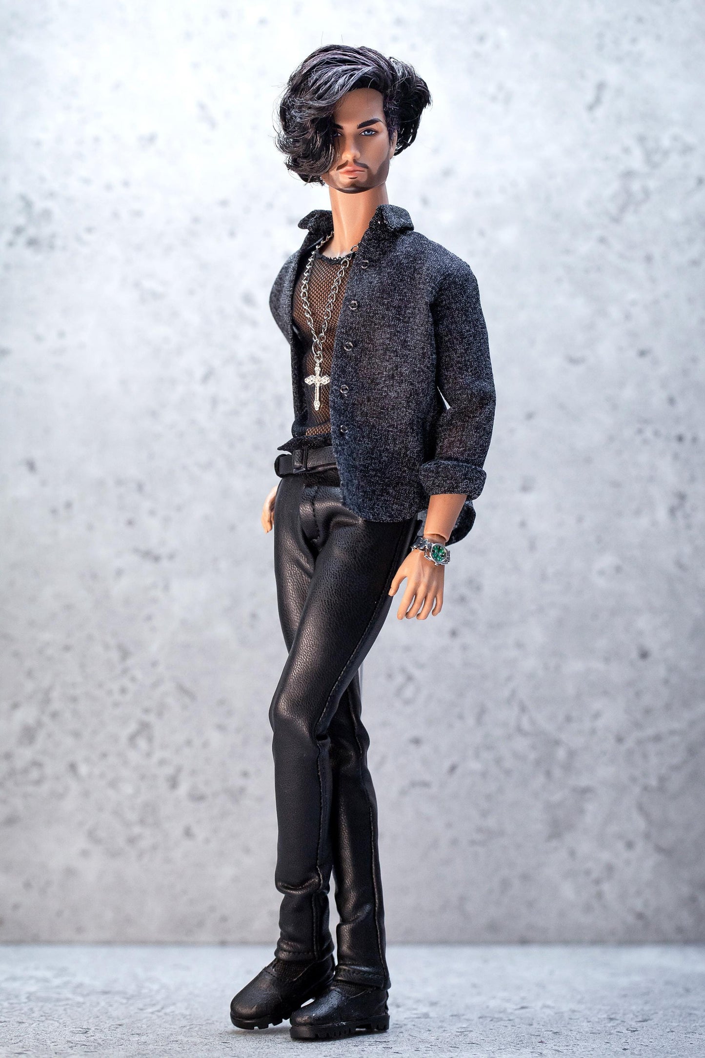 Leather outfit for FR Homme Integrity Toys male doll. Pants, mesh top, and shirt.
