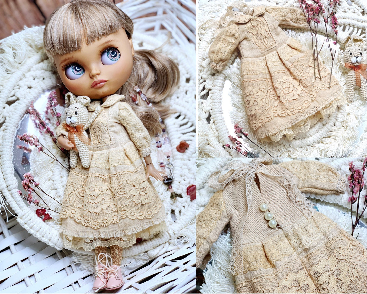 Vintage dress for Blythe doll – A handmade unique piece in cream and beige