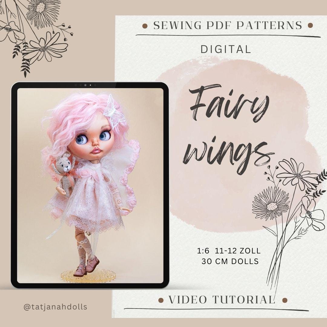PDF Digital Pattern fairy wings for 30 cm 12 inch BB, Blythe dolls. Tik Tok Youtube VIDEO.