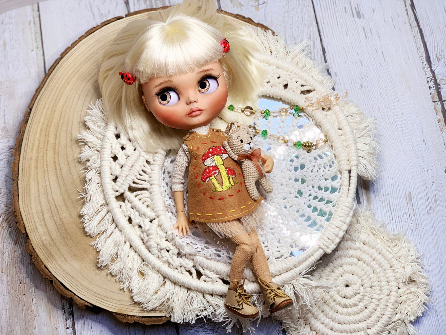 Blythe doll dress. Doll dress with embroidery. Vintage-style petticoat. Beige outfit with mushroom embroidery.