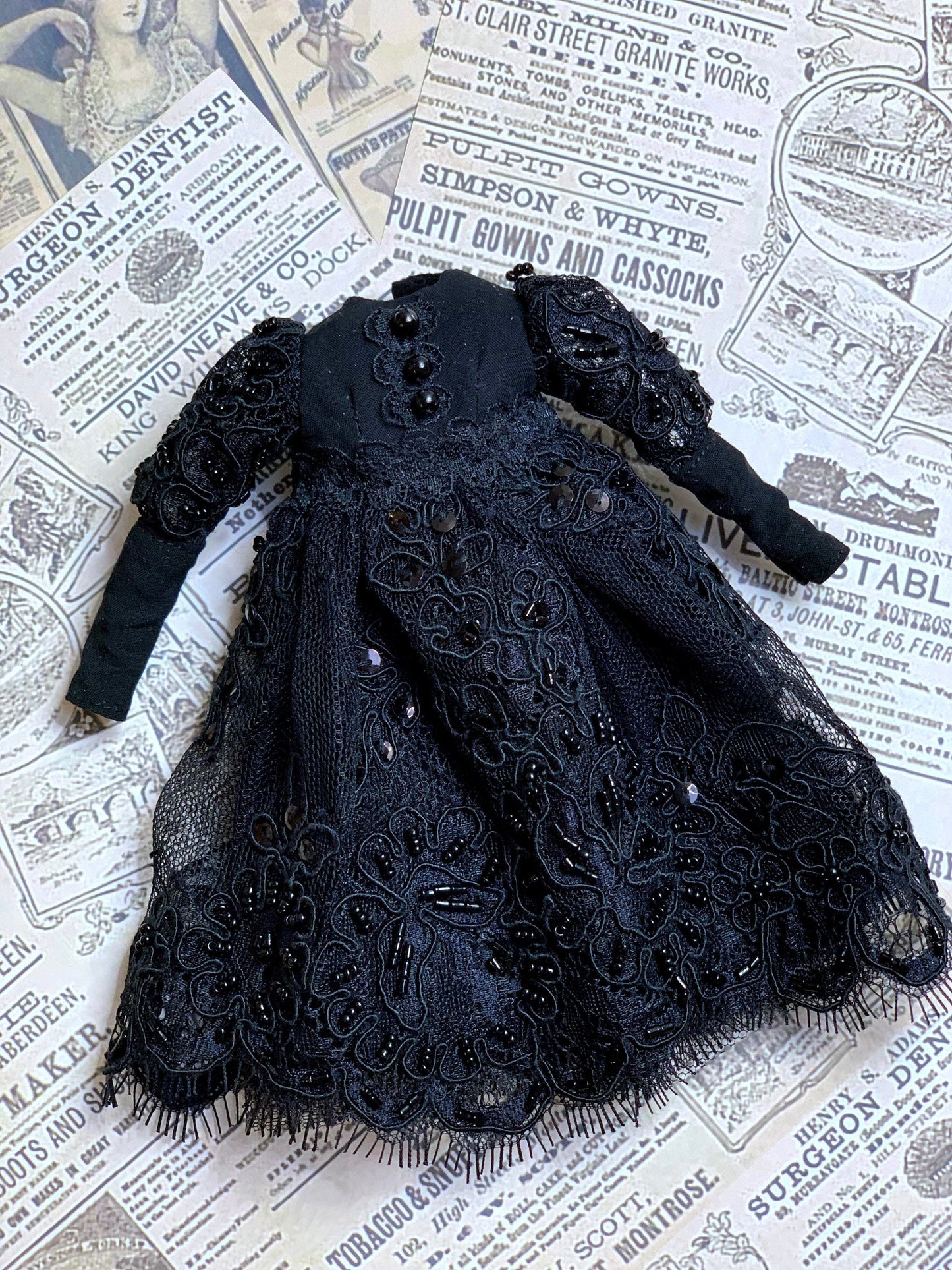 Black ball gown for Blythe Doll. 30 cm doll dress with pearls. Dress for Wednesday doll.