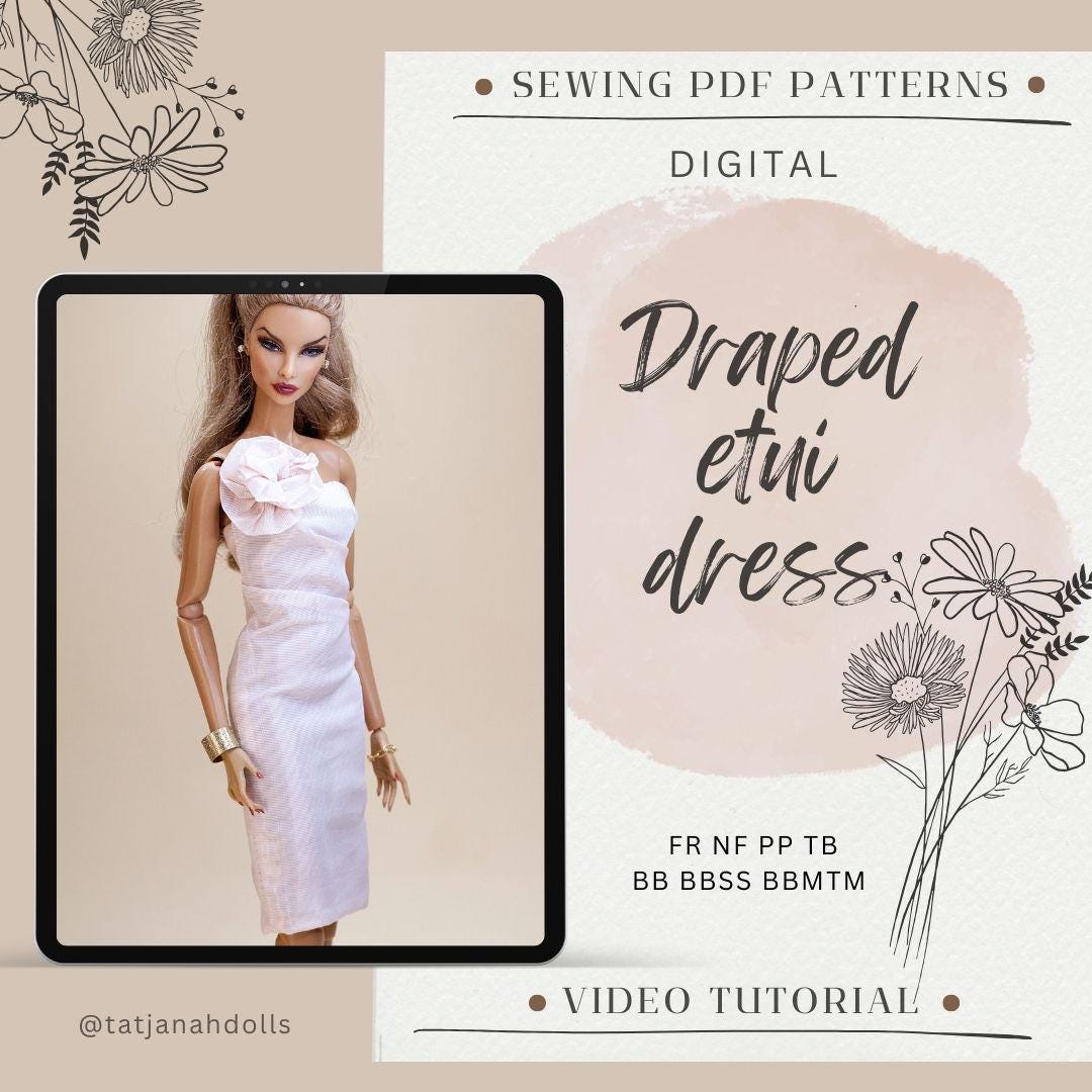 PDF Digital Pattern draped etui dress for BB & Integrity toys dolls. VIDEO tutorial.