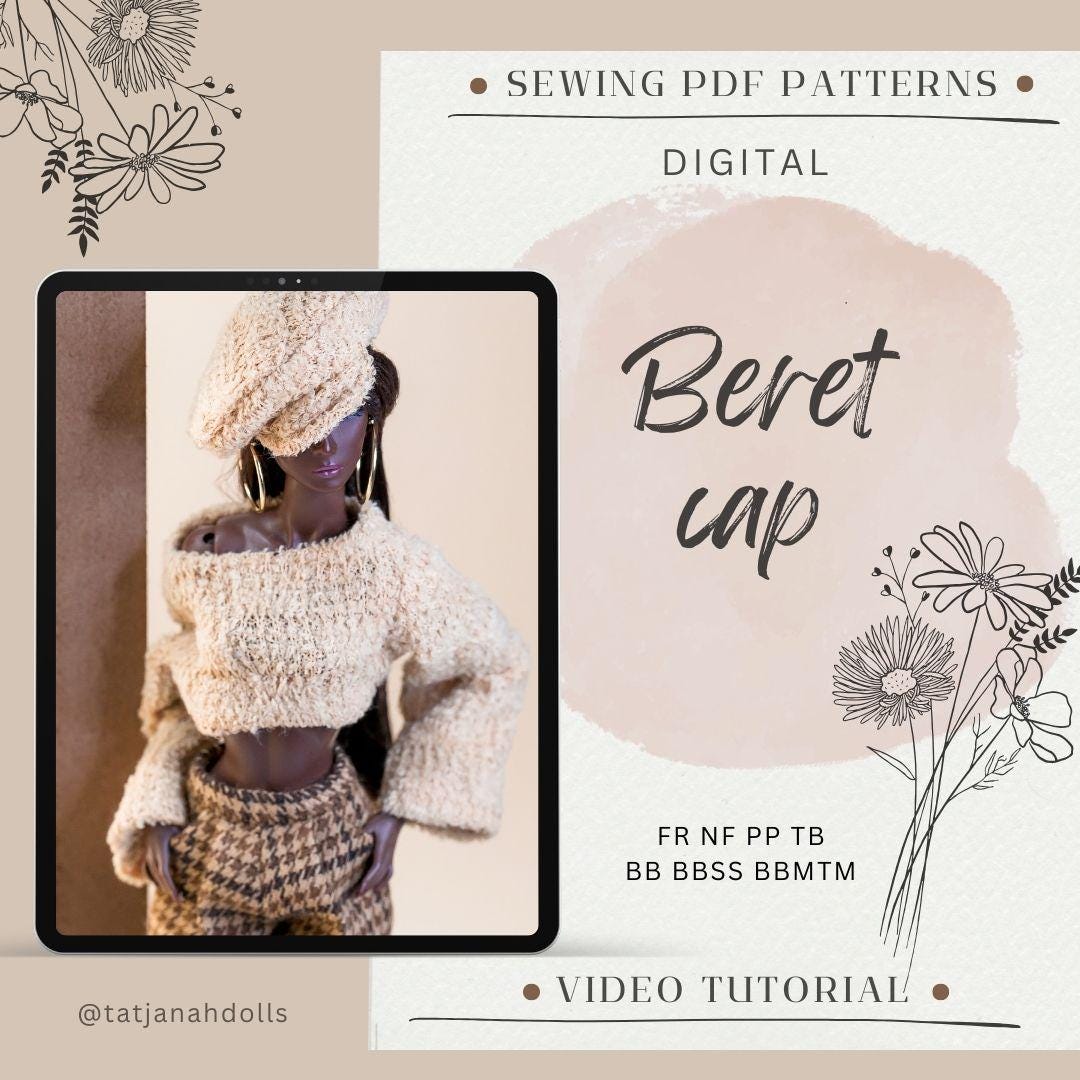PDF Digital Pattern beret cap for Fashion Royalty Nu Face Integrity toys and BB dolls. VIDEO tutorial.
