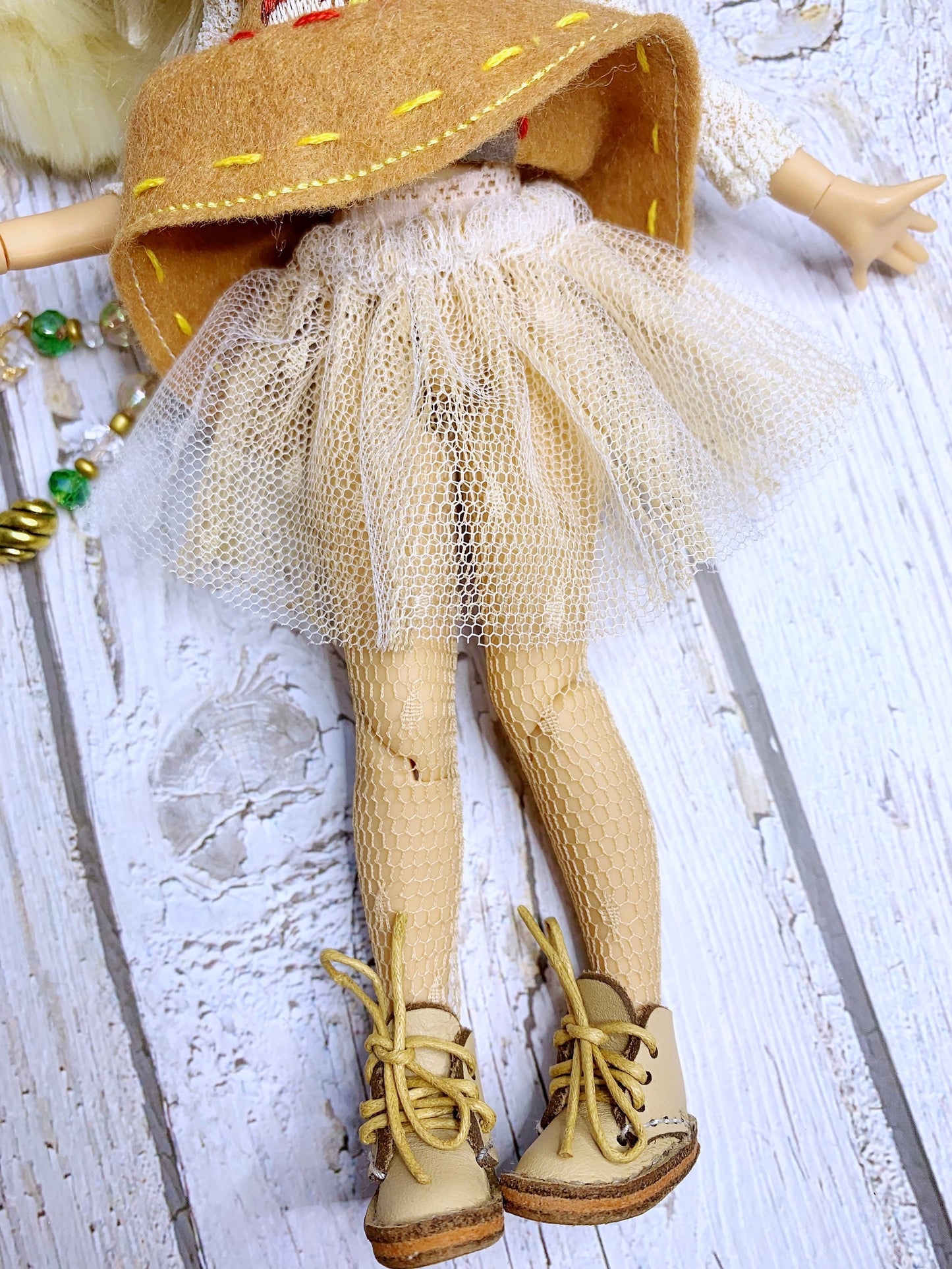 Blythe doll dress. Doll dress with embroidery. Vintage-style petticoat. Beige outfit with mushroom embroidery.