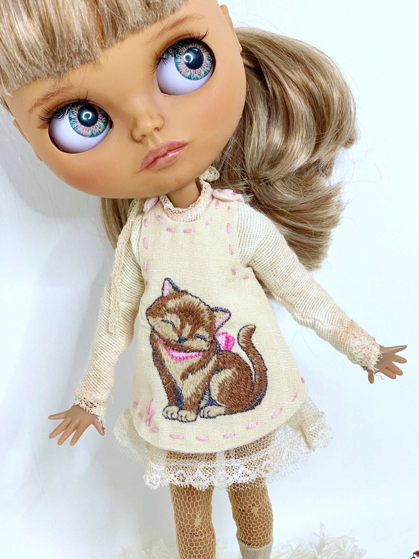 Dress for Blythe Doll 1/6. Doll dress with embroidery. Vintage-style slip.