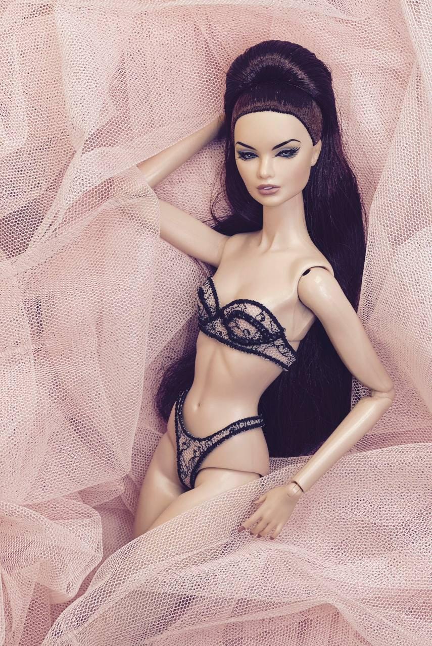 Lingerie sets for Fashion Royalty, Nu Face, and Poppy Parker dolls. Bra with G-string