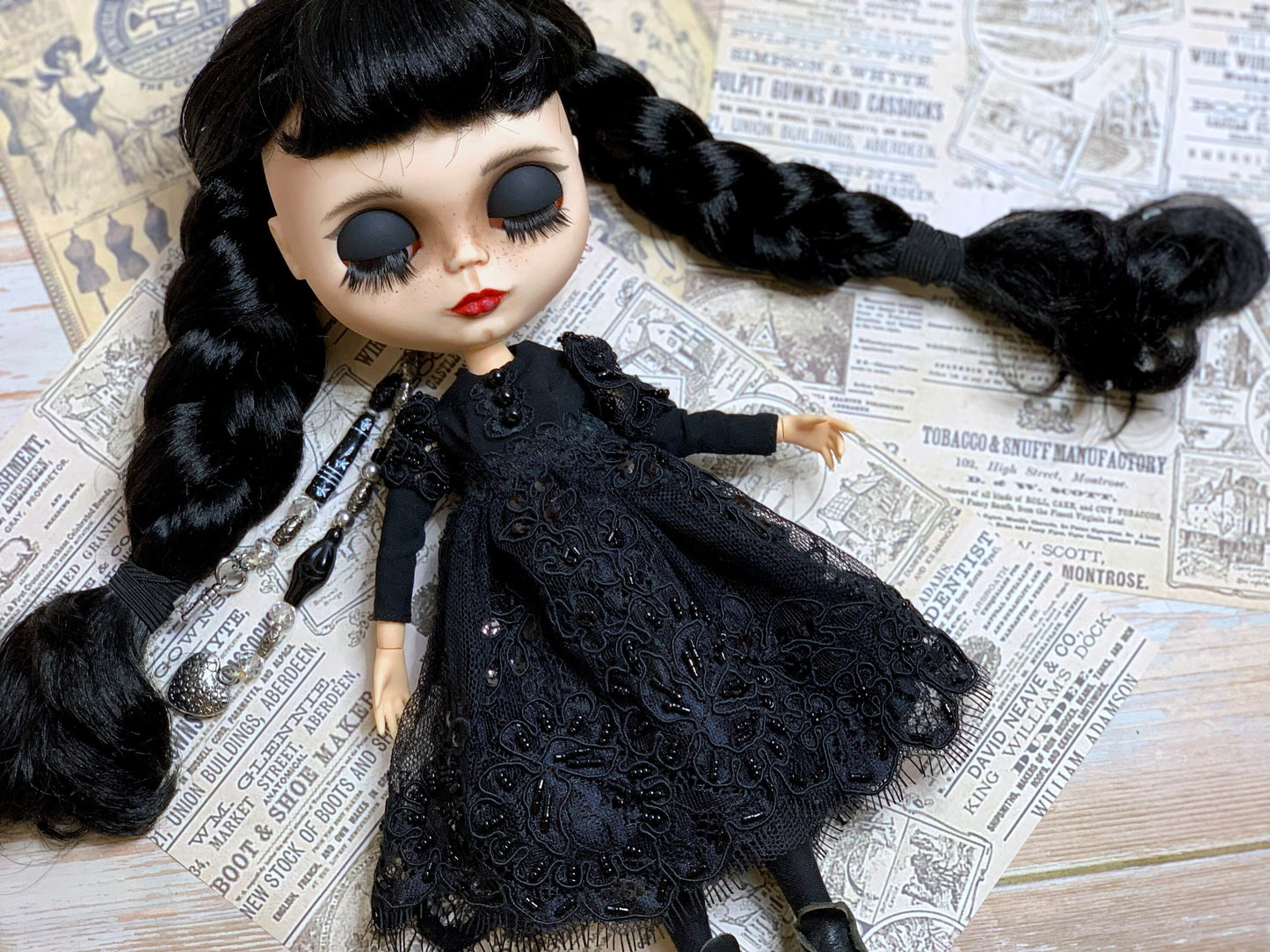 Black ball gown for Blythe Doll. 30 cm doll dress with pearls. Dress for Wednesday doll.