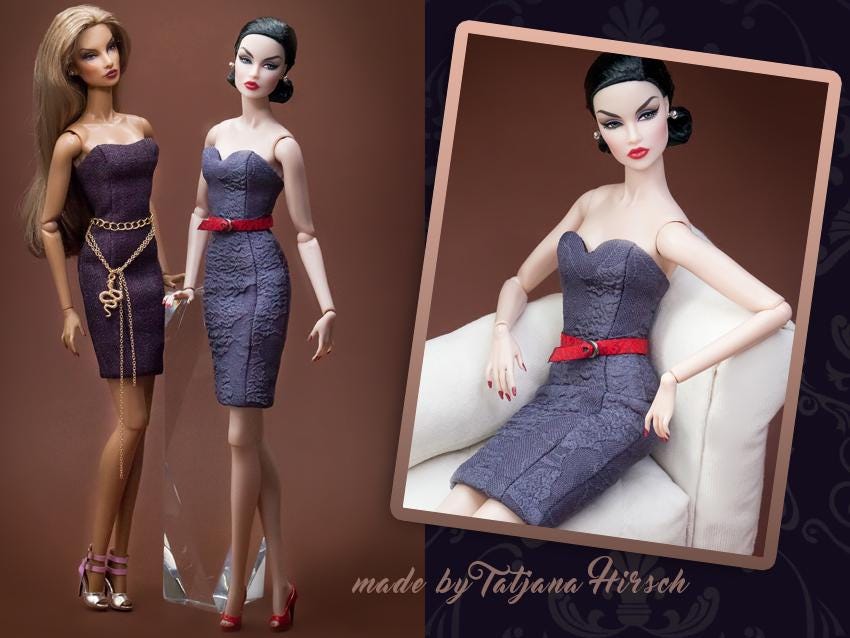 PDF Digital Pattern Etui dress for Fashion Royalty Nu Face BB MTM dolls Integrity toys. Video tutorial.