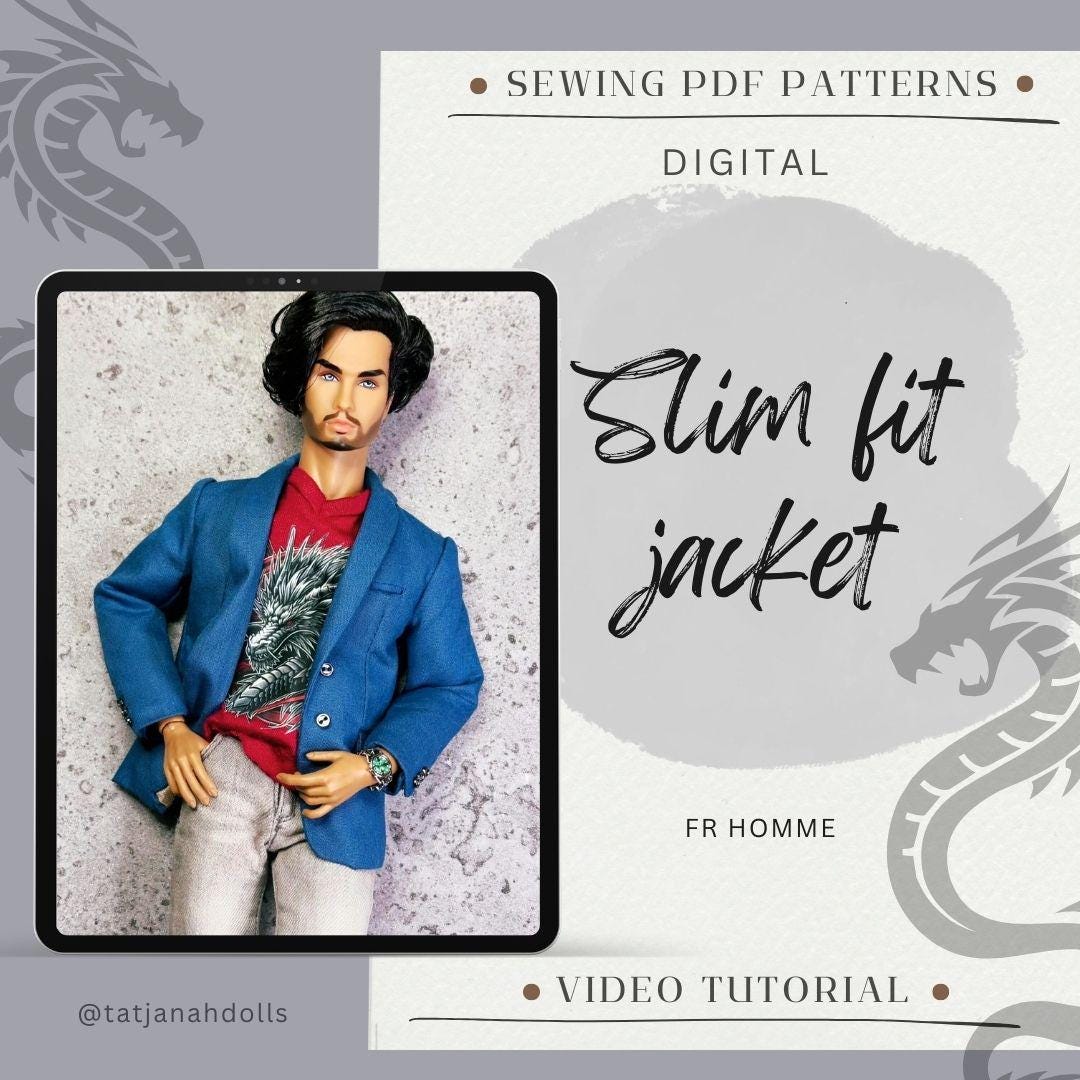 PDF Digital Pattern slim fit jacket coat for male FR HOMME Monarch doll Integrity toys. With realistic finishing the slits.