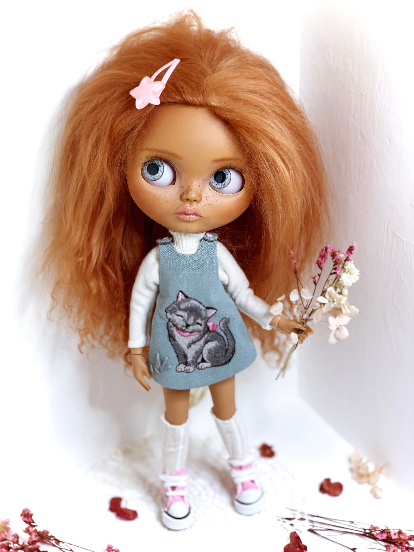 Dress for Blythe Doll 1/6 doll dress with embroidery. Turtleneck sweater, petticoat. Doll clothes.