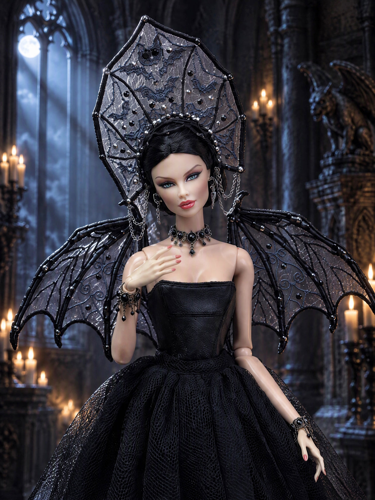 Digital Embroidery /embroidered halloween bats kokoshnik for 1/6 dolls + Video Tutorial