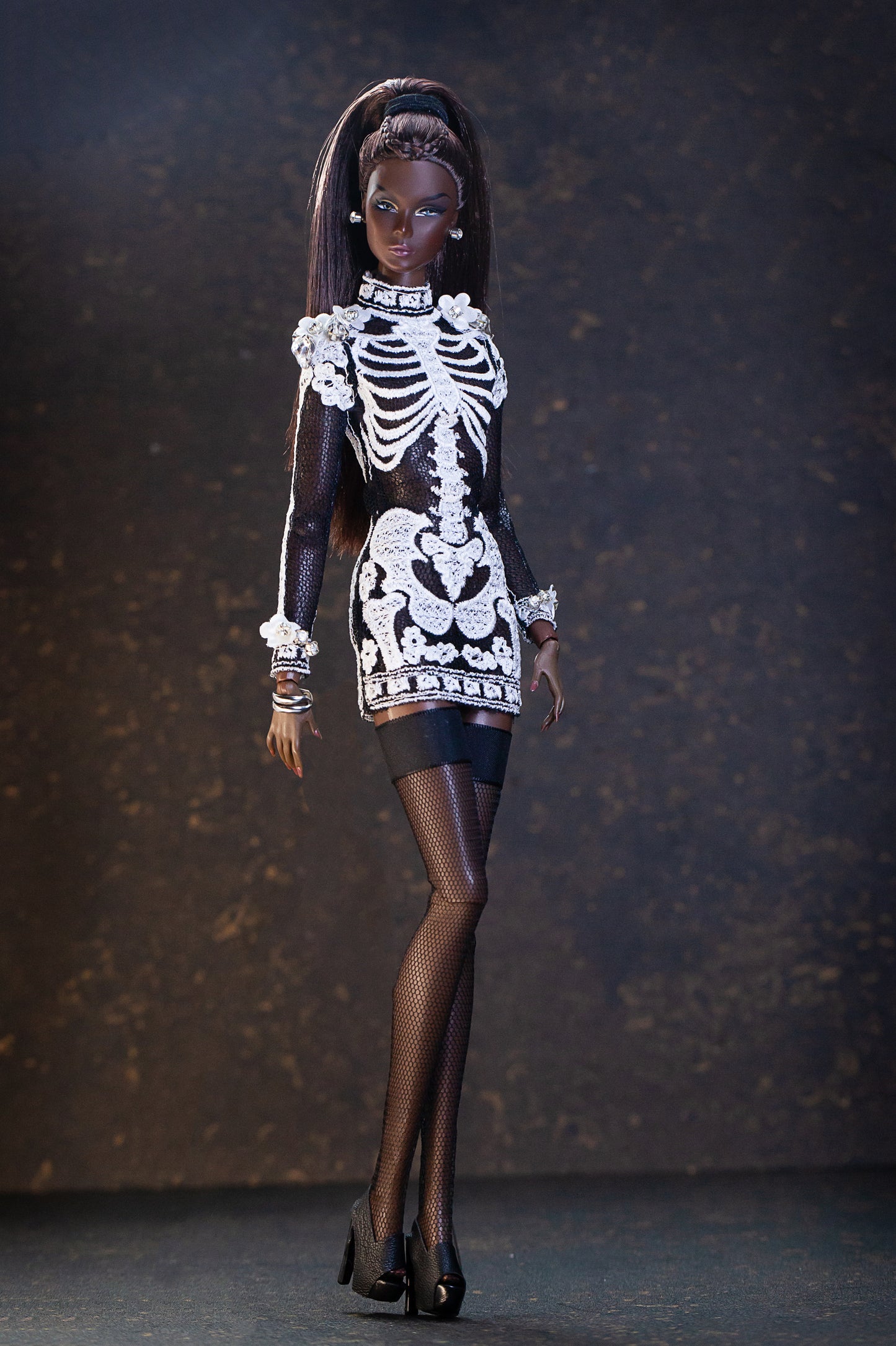 Schwarzes Skelett / Halloween Minikleid, Abendkleid für Integrity toys Fashion Royalty Nu Face  dolls.