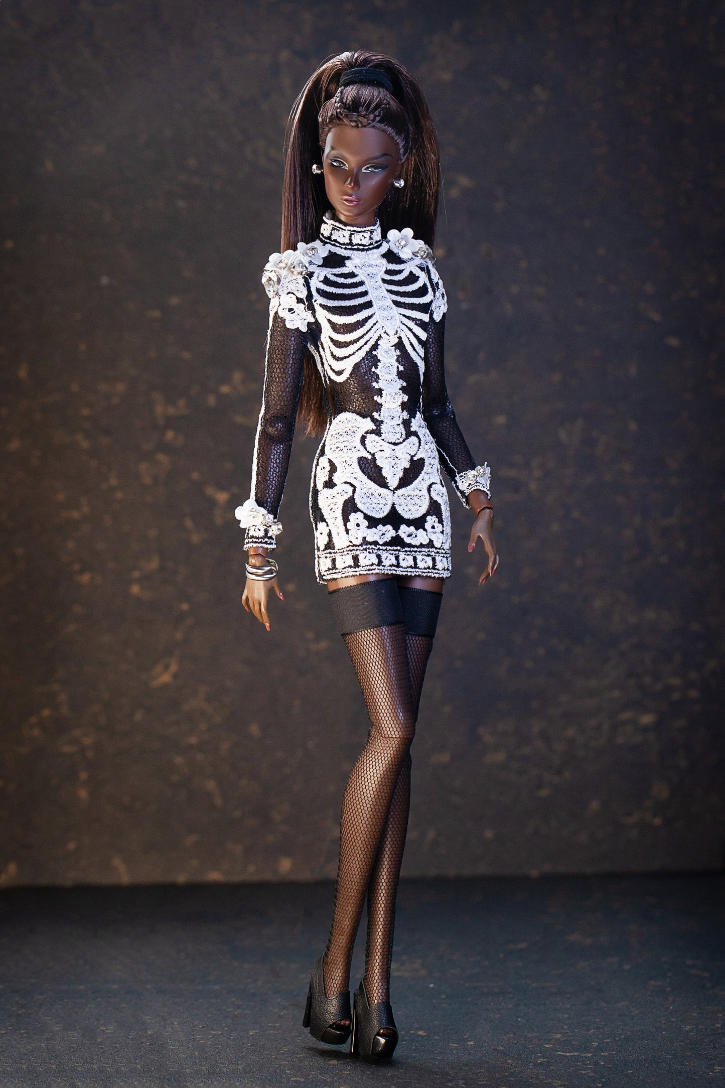 Schwarzes Skelett / Halloween Minikleid, Abendkleid für Integrity toys Fashion Royalty Nu Face  dolls.