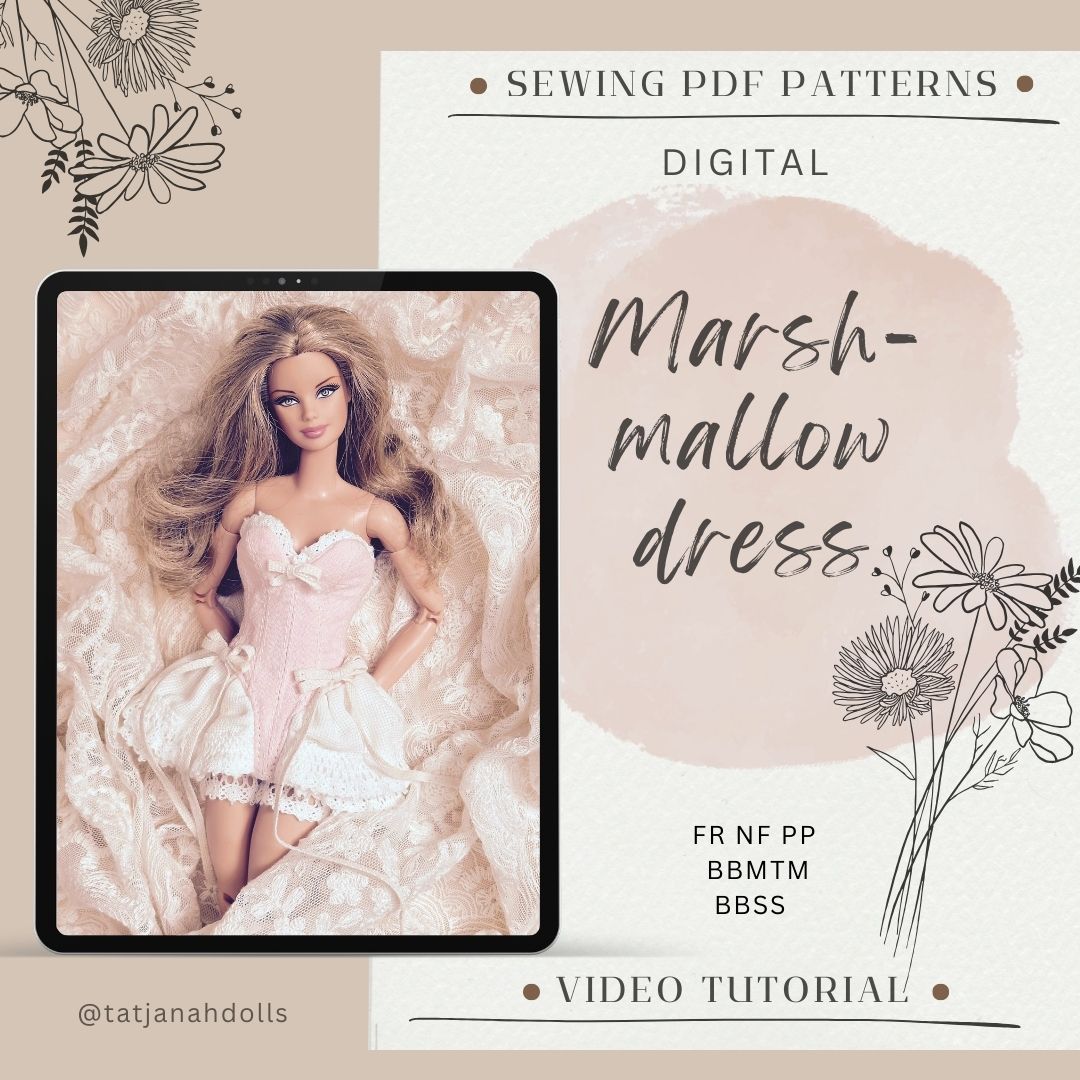 PDF Digital Pattern marshmallow corset dress for 1:6 dolls / Integrity toys/ BB dolls. VIDEO tutorial.
