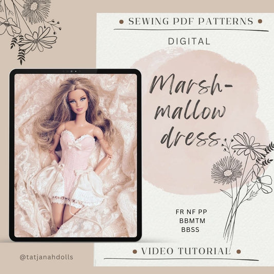 PDF Digital Pattern marshmallow corset dress for 1:6 dolls / Integrity toys/ BB dolls. VIDEO tutorial.