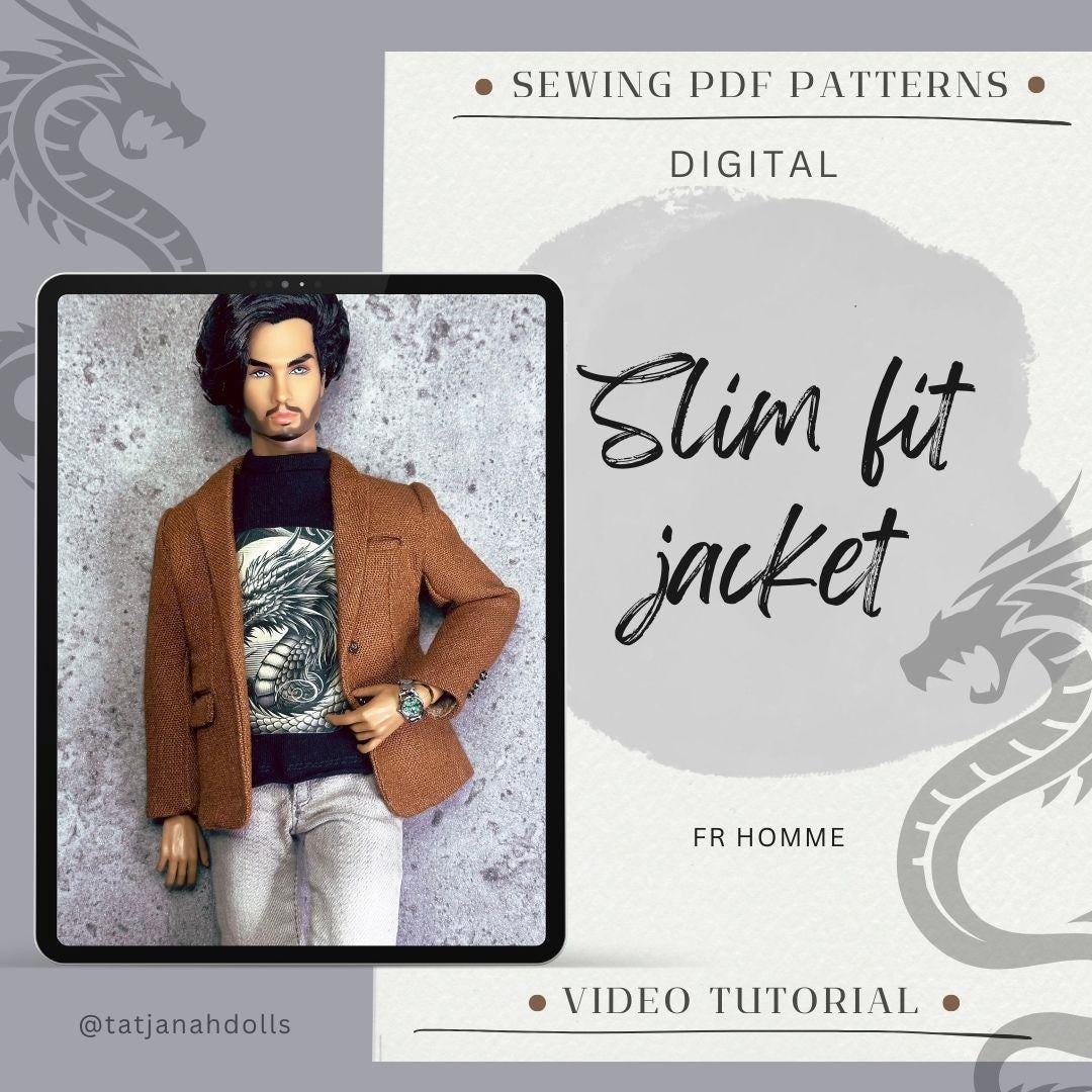 PDF Digital Pattern slim fit jacket coat for male FR HOMME Monarch doll Integrity toys. Video tutorial.