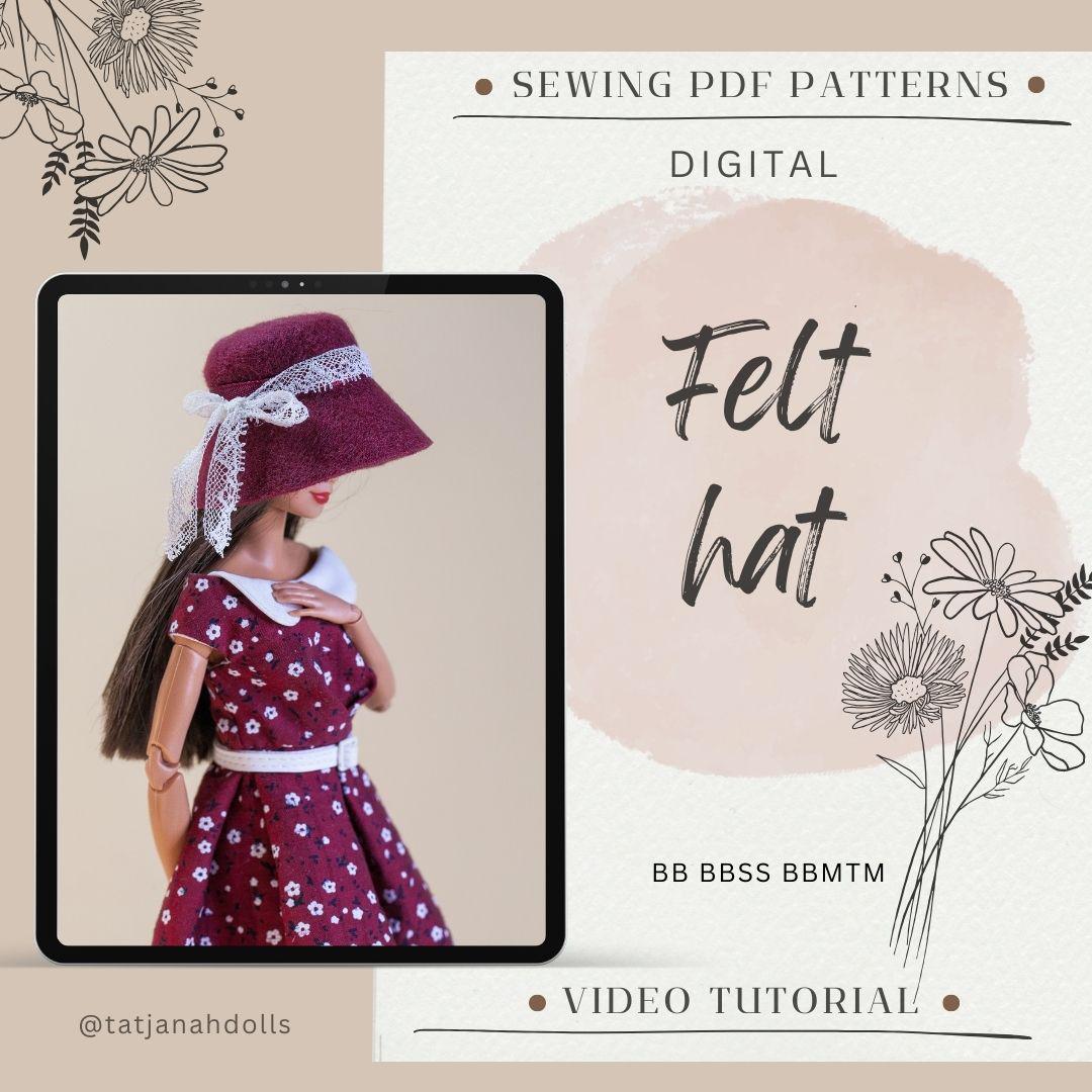 PDF Digital Pattern felt hat for BB, BBMTM 30 cm dolls. Video making tutorial.