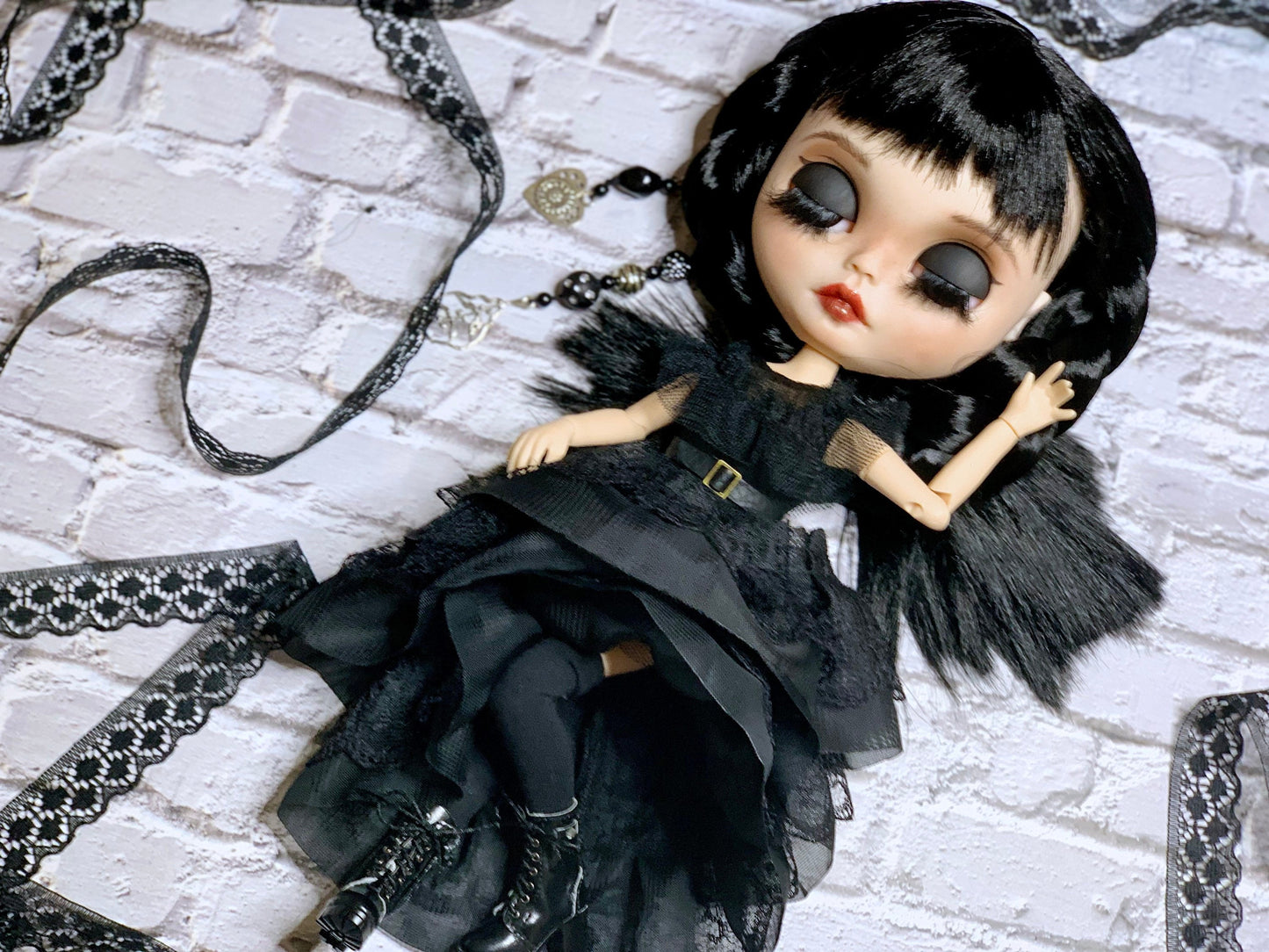 Black Wednesday Ball Gown for Blythe Doll 30 cm Doll Dress. Dress for Wednesday doll with belt