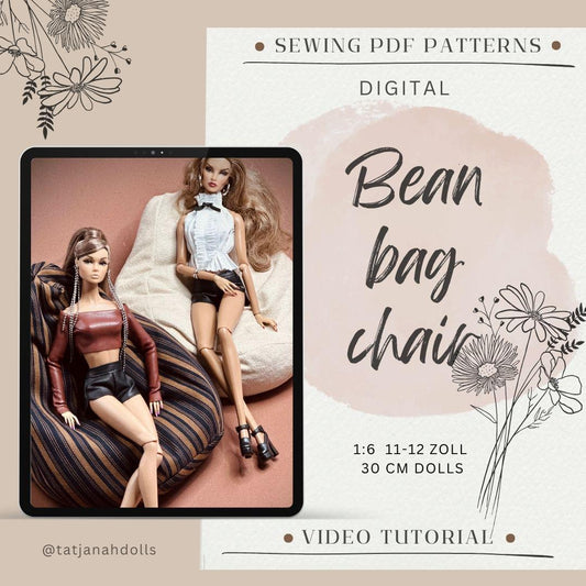PDF Digital Pattern bean bag chair for 1:6 dolls, 30 cm, 11-12 zoll dolls, BB, Blythe Integrity toys. Youtube VIDEO tutorial.