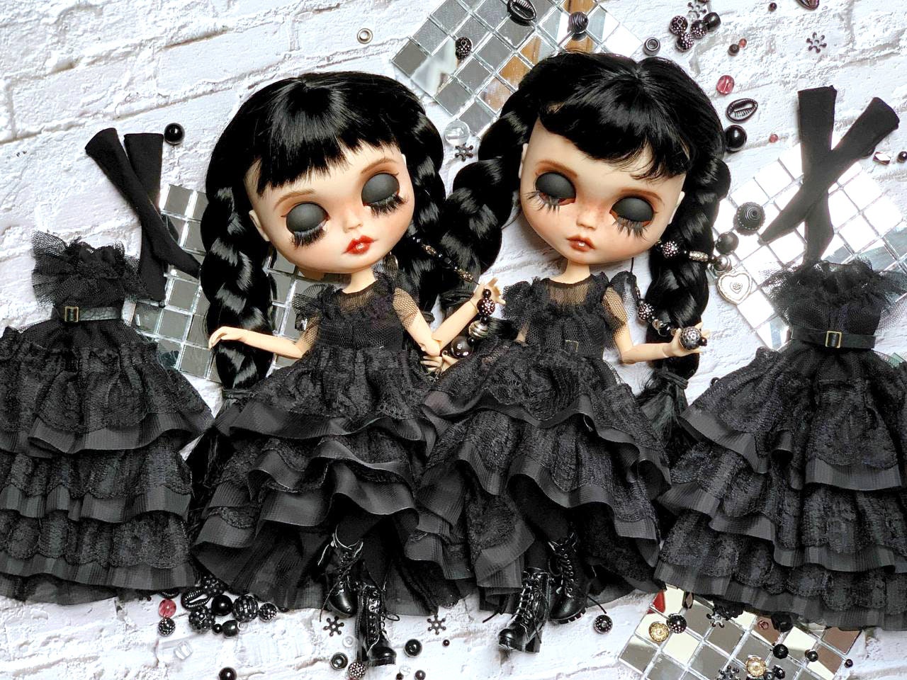 Black Wednesday Ball Gown for Blythe Doll 30 cm Doll Dress. Dress for Wednesday doll with belt