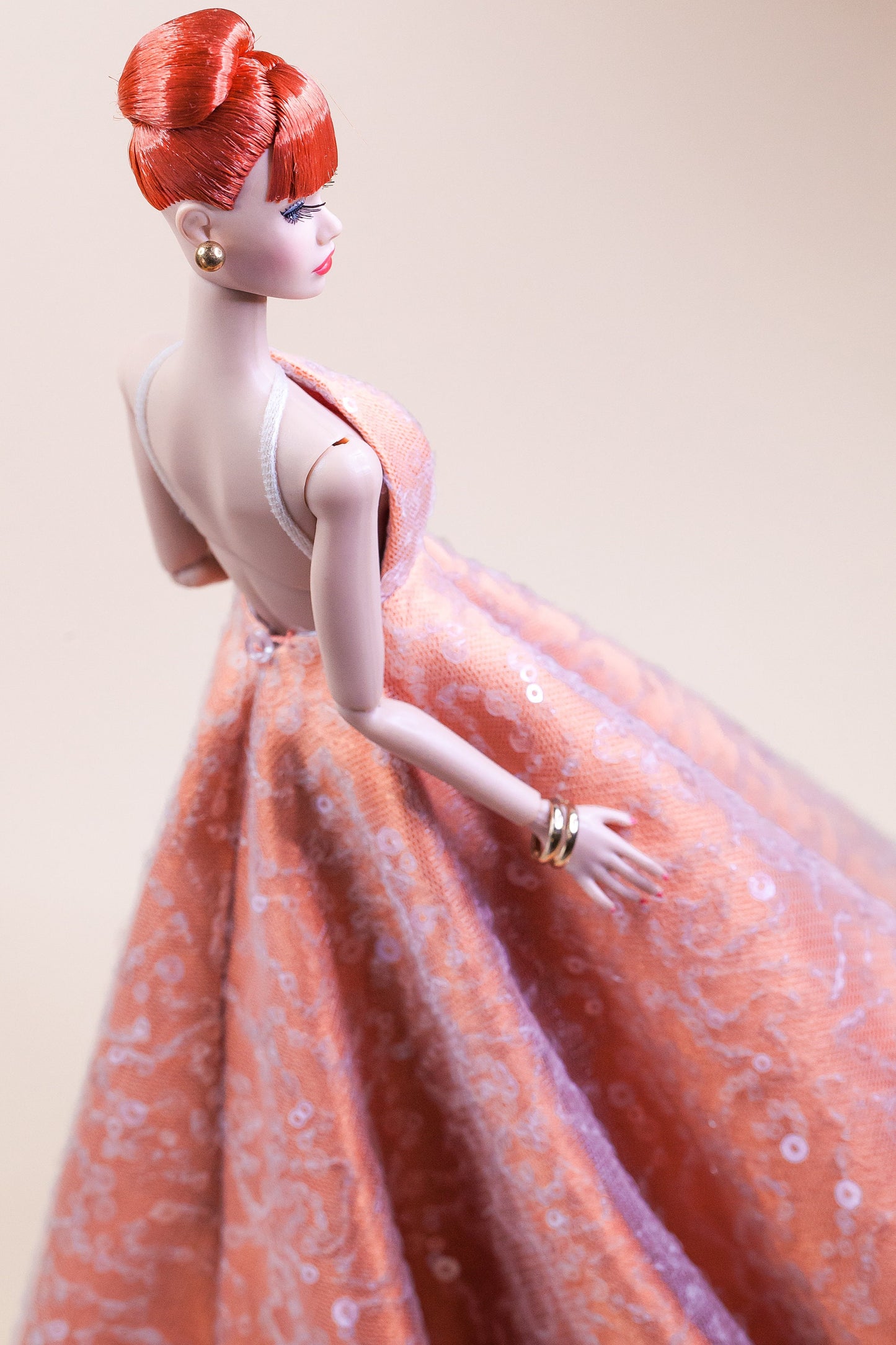 Peach glitter dress for Integrity toys Fashion Royalty Nu Face Poppy Parker dolls.