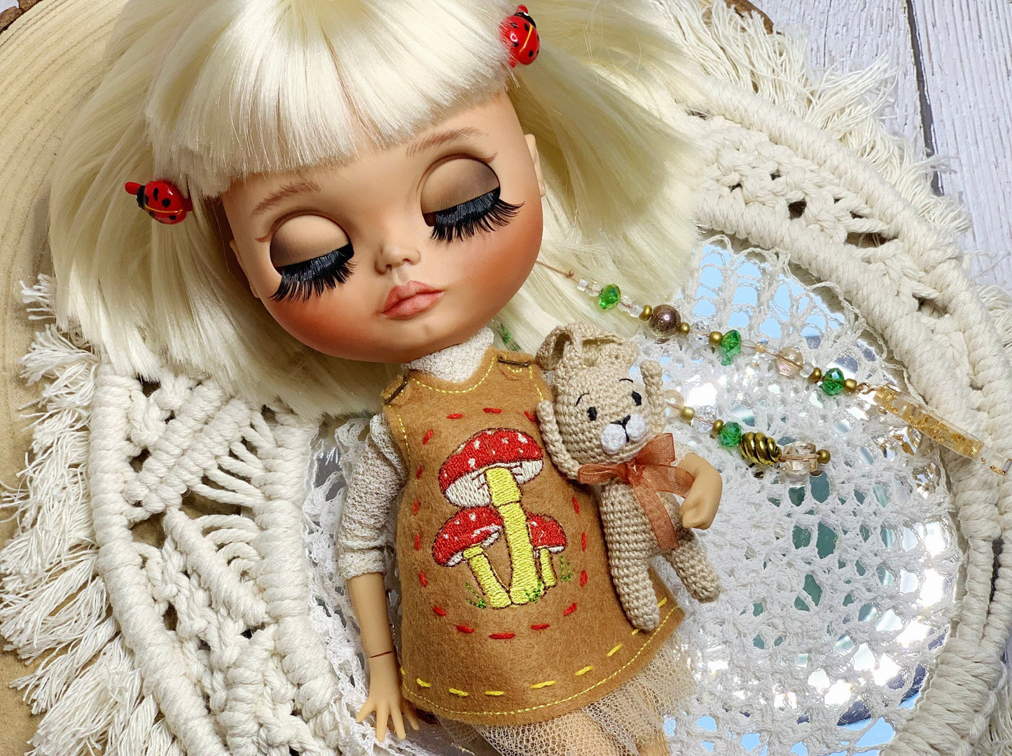 Blythe doll dress. Doll dress with embroidery. Vintage-style petticoat. Beige outfit with mushroom embroidery.