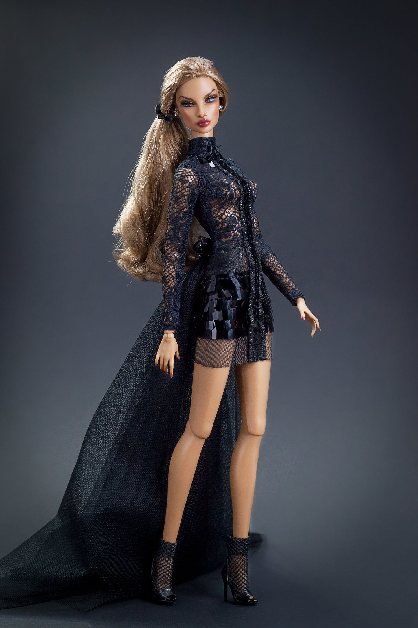 Mini dress with lace train black for Integrity Toys Poppy Parker Nu Face Fashion Royalty dolls