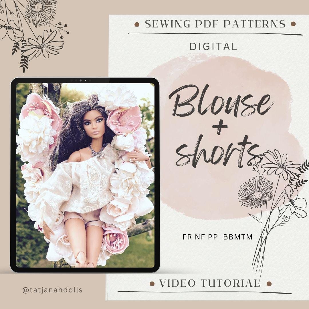 PDF Digital Pattern blouse and shorts for BB & Integrity toys dolls. VIDEO tutorial.