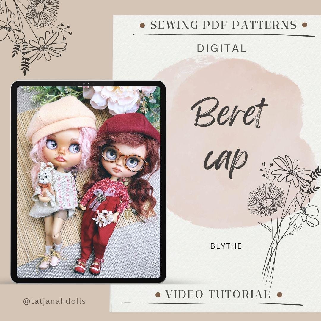 PDF Digital Pattern filt beret cap for Blythe dolls. 6 variations. VIDEO tutorial.