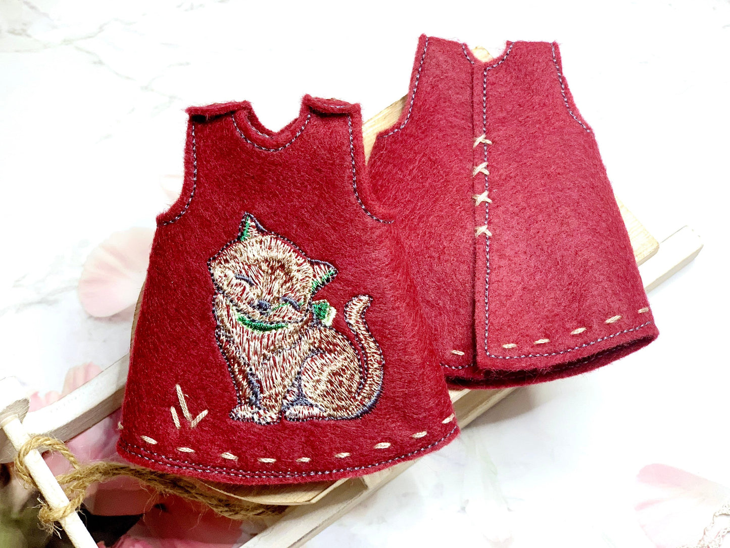 Dress for Blythe Doll 1/6 doll dress with embroidery. Vintage-style underdress. Outfit in burgundy red.