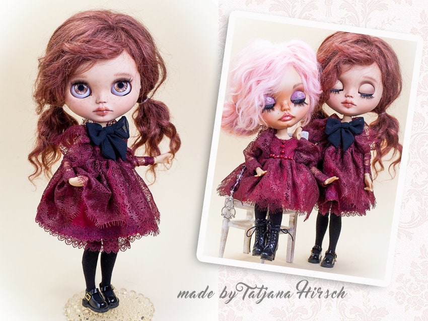 Dark red ball gown for Blythe Doll. 30 cm doll dress with pearls. Dress with a wide, lush skirt.