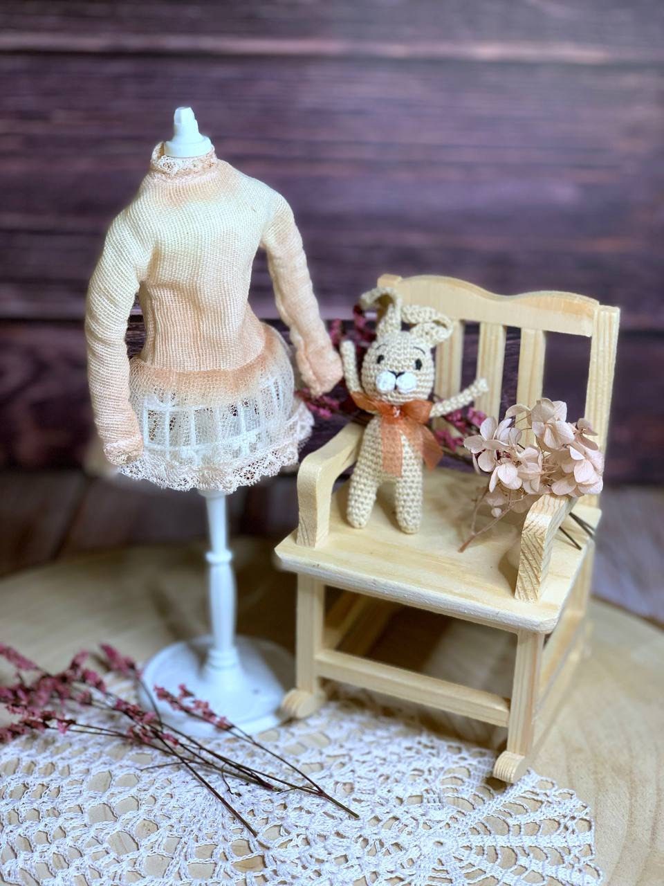 Dress for Blythe Doll 1/6 doll dress with embroidery. Vintage-style underdress. Outfit in burgundy red.