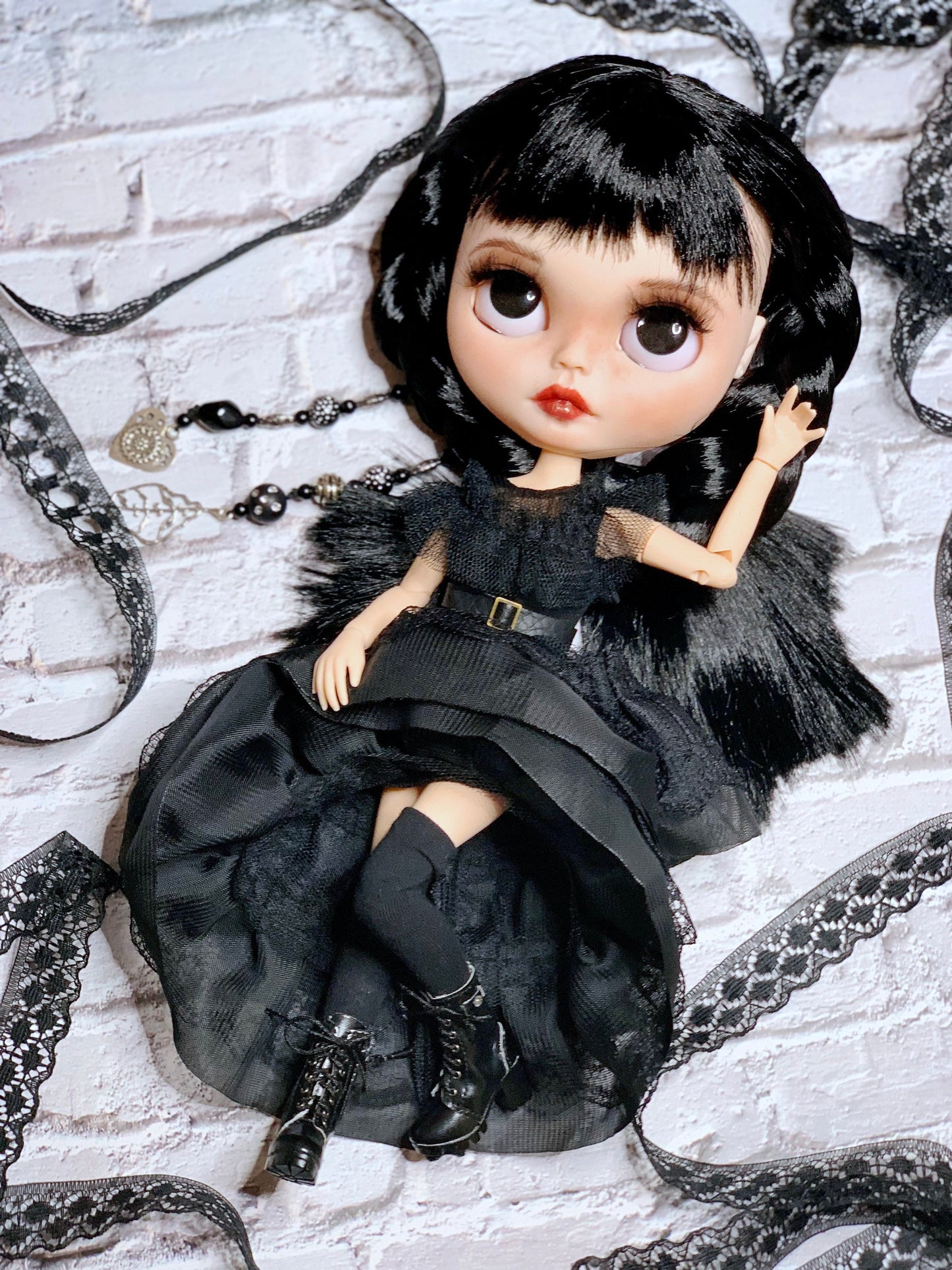 Black Wednesday Ball Gown for Blythe Doll 30 cm Doll Dress. Dress for Wednesday doll with belt