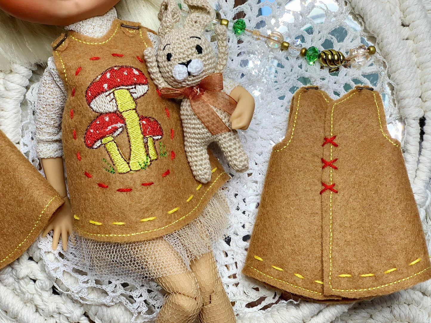 Blythe doll dress. Doll dress with embroidery. Vintage-style petticoat. Beige outfit with mushroom embroidery.