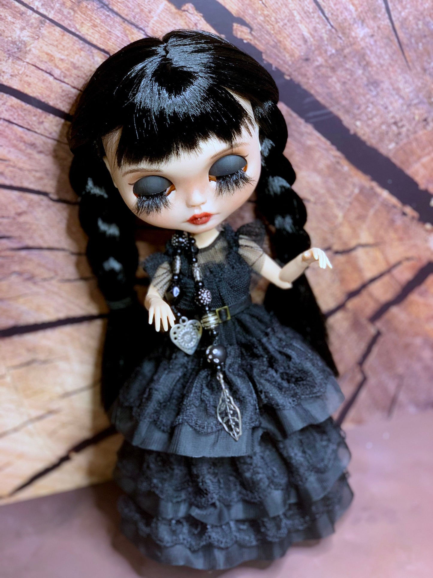 Black Wednesday Ball Gown for Blythe Doll 30 cm Doll Dress. Dress for Wednesday doll with belt