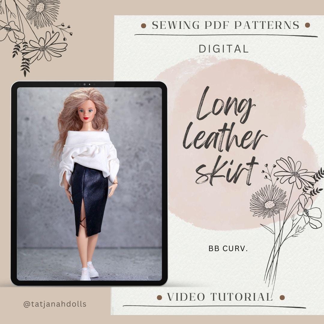 PDF Digital Pattern leather skirt for BB Curv. 12 inch fashion doll. VIDEO tutorial.